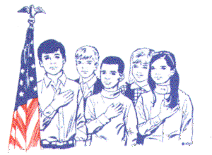 drawing: kids holding their right hands to their chests behind the American flag