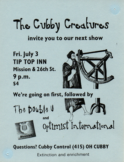flyer for the Cubby Creatures show at the Tip Top Inn, July 3, 1998