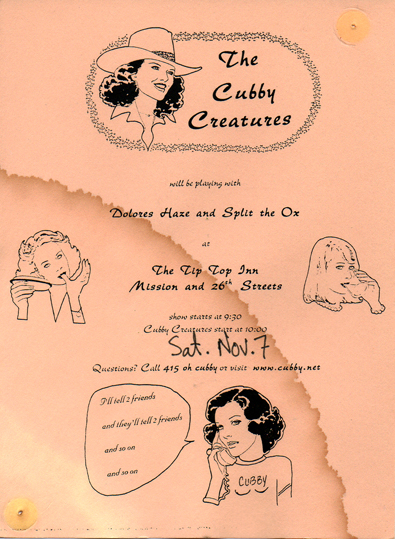 flyer for the Cubby Creatures show at the Tip Top Inn, November 7, 1998