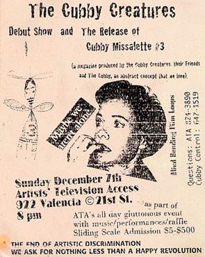 original handbill for The Cubby Creatures' debut show at ATA Dec. 7, 1997