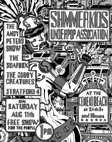 original flyer for Cement Beach Guerilla Rock Fest with The Shimmer Kids Aug. 11, 2001