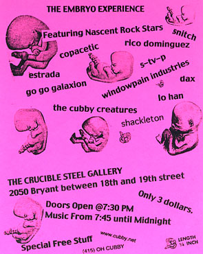 original handbill for embryo.2 show at the Crucible Steel Gallery Feb. 20, 1999