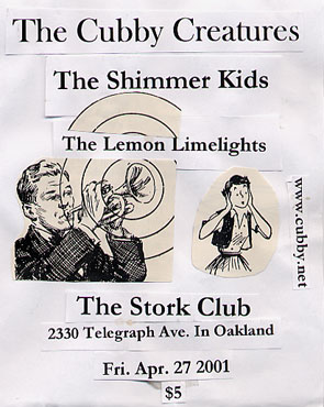 original handbill for Stork Club show with The Shimmer Kids and The Lemon Limelights Apr. 27, 2001