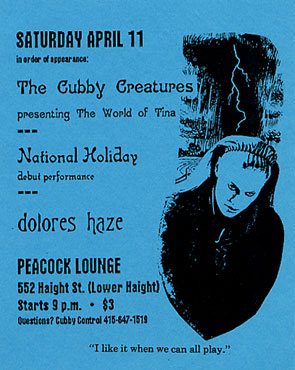 original handbill for World of Tina show at the Peacock Lounge with Dolores Haze and National Holiday Apr. 11, 1998