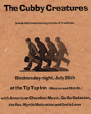 original handbill for Tip Top show with American Chamber Music, Go Go Galaxion, Rev. Myrtle Motivation, and Uncle Leon Jul. 26, 2000