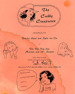 original handbill for Tip Top show Dolores Haze and Split the Ox, Nov. 7 1998